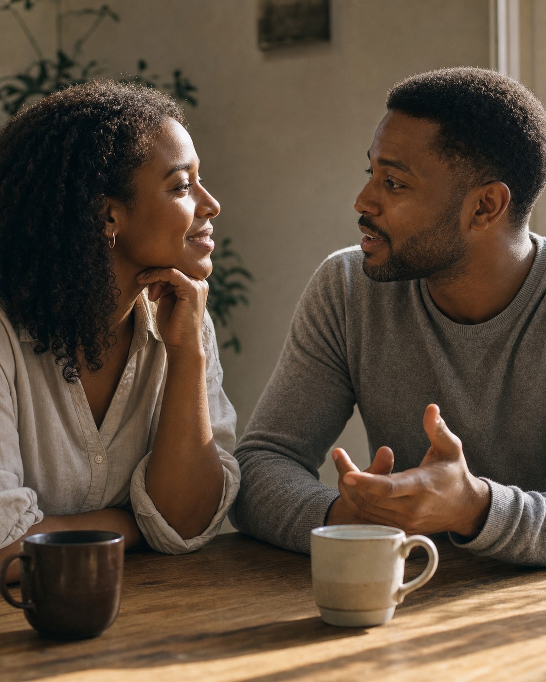 A married couple sitting together at a table in warm conversation, coffee mugs between them