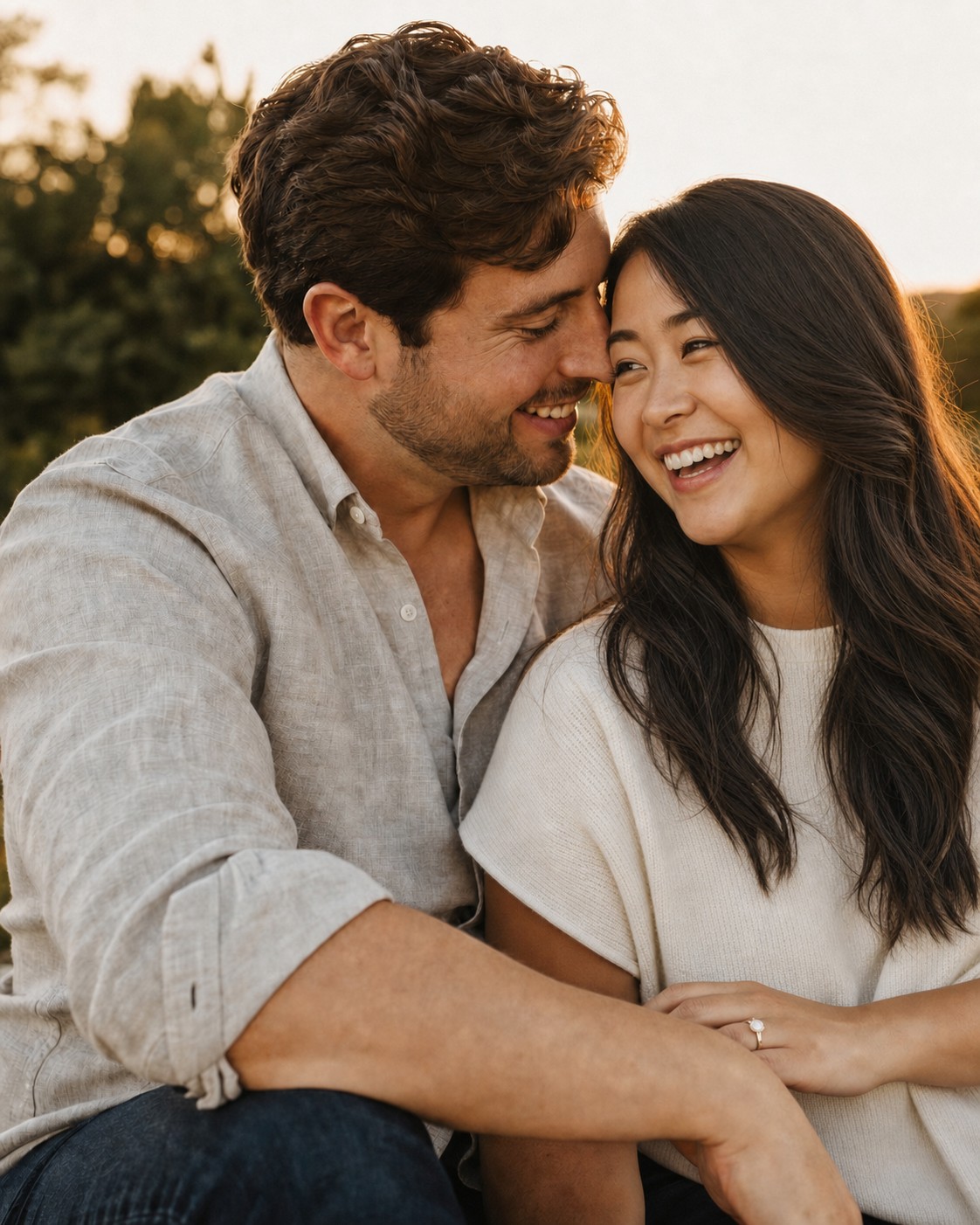A joyful engaged couple sitting closely together outdoors at golden hour