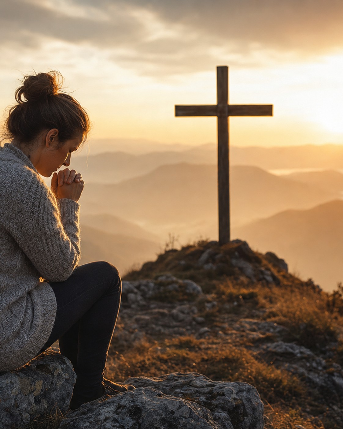 A person sitting alone outdoors at sunrise in quiet prayer, hands clasped together, with a wooden cross visible in the misty background